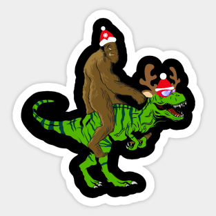Bigfoot Riding a T Rex Going for Christmas Party Sticker